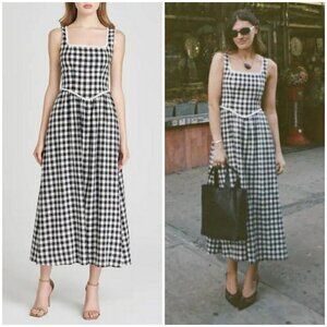 💕WAYF x Styled Coco! Gracie Gingham Linen-Blend Midi Dress Black Gingham XL NWT